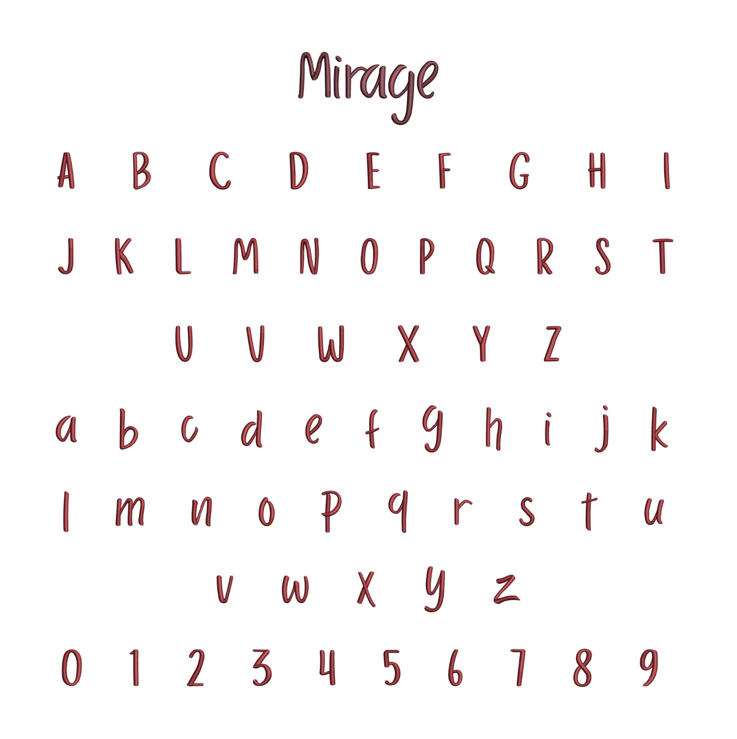 Alphabet and numbers printed in red on a white background with 'Mirage' at the top.