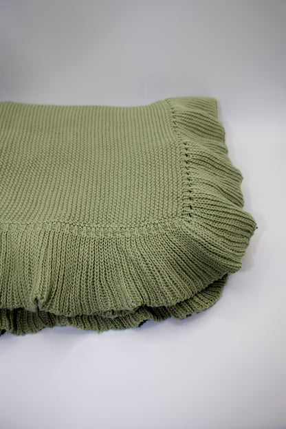Green knitted blanket on a white background