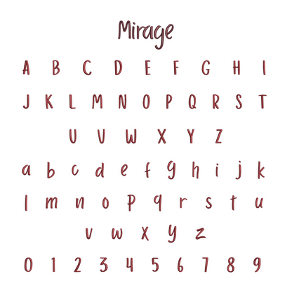 Alphabet and numbers printed in red on a white background with 'Mirage' at the top.
